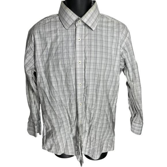 English Laundry Button Up Shirt Men Size 16.5 Gray Plaid Long Sleeve Cotton FLAW - Picture 1 of 7